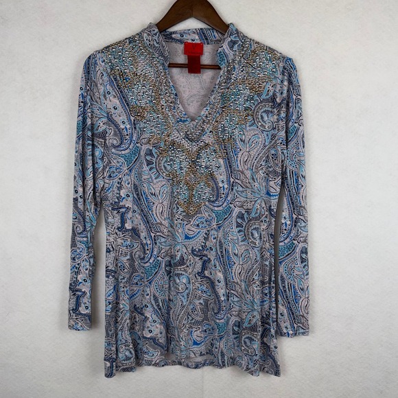 V Cristina Tops - V Cristina Women Large Blue Paisley Rhinestone Embellished Top Boho Vintage Y2k